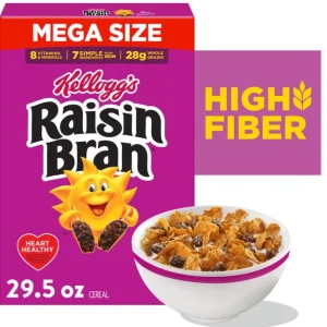 Kellogg’s Raisin Bran Breakfast Cereal, High Fiber, 28g Whole Grain, Mega Size